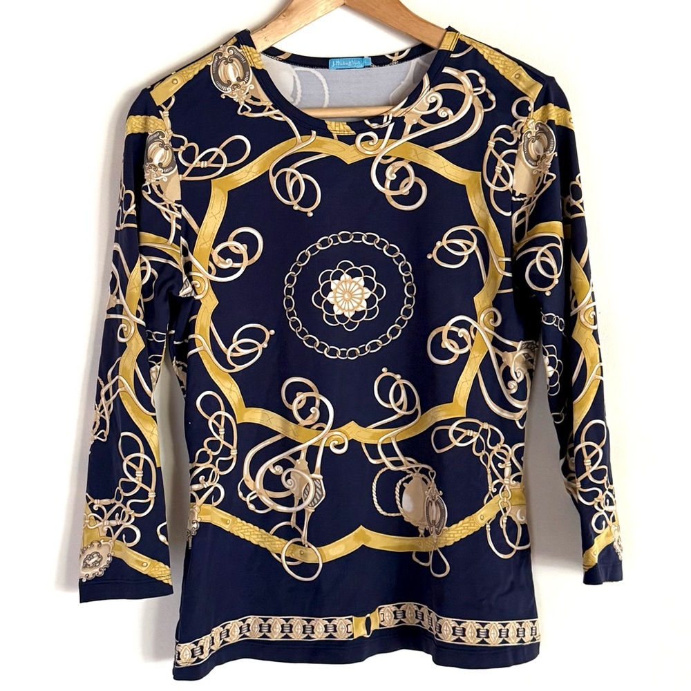 J. McLaughlin Navy & Gold 3/4 Sleeve Knit Top Shirt - Picture 1 of 6
